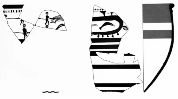 Μια σκηνή που απεικονίζει ψάρεμα με δίχτυ, ζωγραφισμένη σε θραύσμα κρατήρα από τη Μέση Υστεροελλαδική ΙΙΙΓ περίοδο, ο οποίος βρέθηκε στον Κύνο (Ανατολική Λοκρίδα). Πηγή: Δακρώνια, Κουνούκλας 2015  