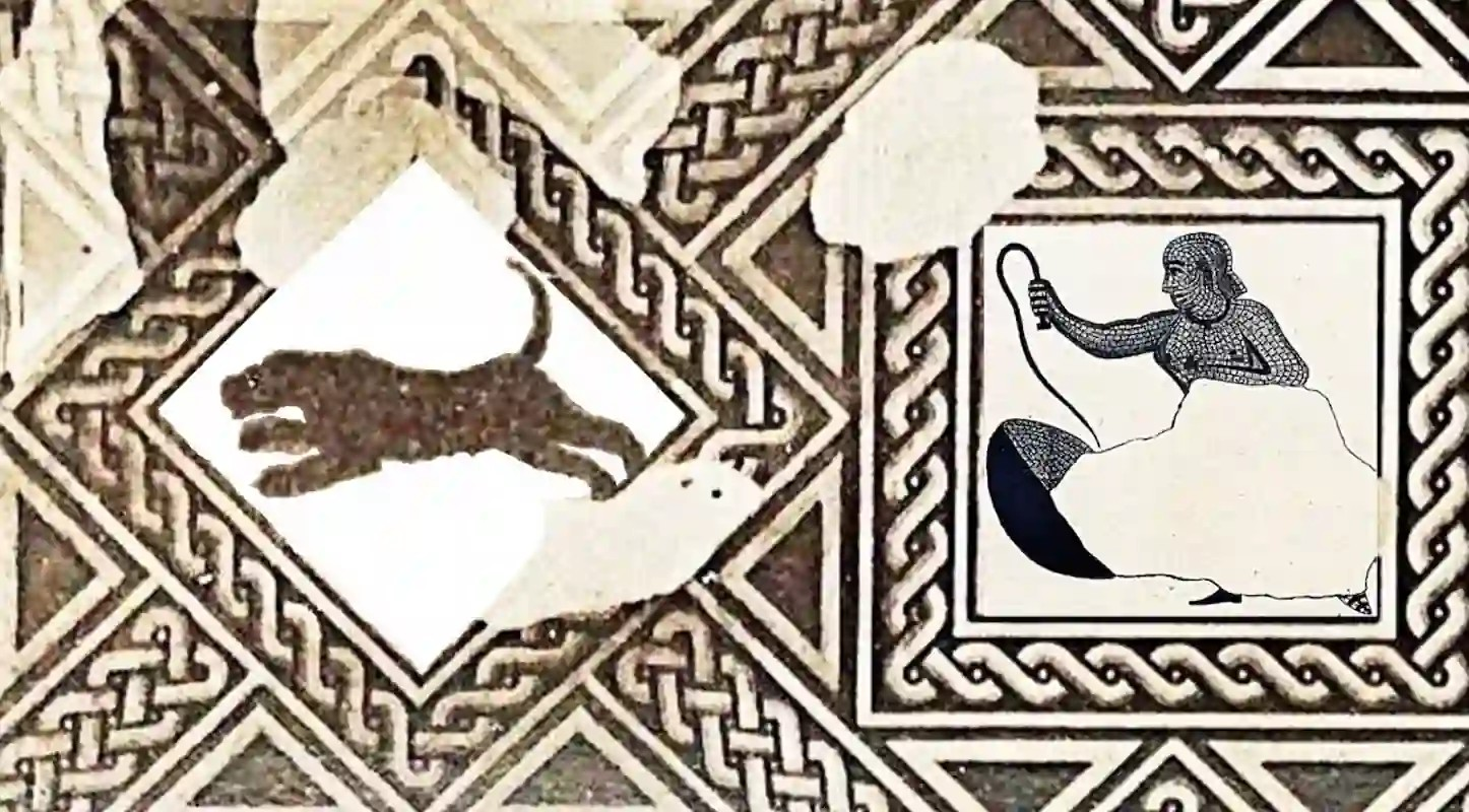 Τμήμα του μωσαϊκού που δείχνει τη λεοπάρδαλη και τη γυναίκα. Πηγή: A. Manas, 2026