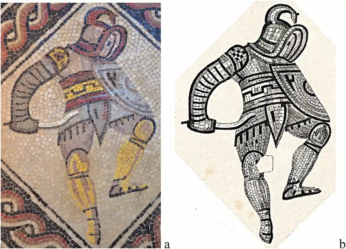 Ο μονομάχος τύπου "thraex" (Θραξ) του μωσαϊκού. (α) Πρωτότυπο θραύσμα. Μουσείο Saint-Rémi, Ρεμς. (β) Σχέδιο από Loriquet 1862: πίνακας VI, αρ. 4. Πηγή: A. Manas, 2026