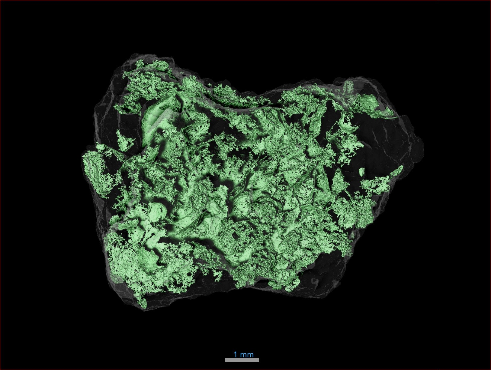 Το ίδιο σωματίδιο αναλυμένο με αξονική τομογραφία ακτίνων Χ (XCT). Αυτό το δείγμα εμφανίζει τους πιο συνηθισμένους τύπους δικτύων ρωγμών που παρατηρήθηκαν στα δείγματα του Bennu. Το ένα διαθέτει ένα εκτεταμένο και συνδεδεμένο πλαίσιο καμπυλωτών ρωγμών, ενώ το άλλο έχει αραιά, ίσια και επίπεδα κατάγματα. Πηγή: NASA/Scott Eckley 