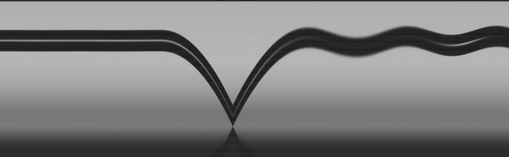 Το ίχνος ενός σωματιδίου που αναπηδά. Χρονική τομή (temporal reslice) ενός βίντεο υψηλής ταχύτητας από ένα σωματίδιο πυριτίου που αναπηδά πάνω στην πλάκα, στη διάταξη του πειράματος ακουστικής αιώρησης. Πηγή: Galien Grosjean