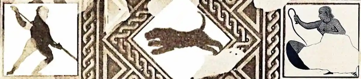 Τμήμα του μωσαϊκού που δείχνει τον κυνηγό (venator) με το κοντάρι, τη λεοπάρδαλη και τη γυναίκα. Πηγή: A. Manas, 2026