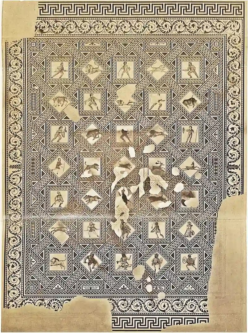 Μωσαϊκό από τη Ρεμς, τρίτος αιώνας. Βρέθηκε στη Ρεμς το 1860, καταστράφηκε το 1917 κατά τη διάρκεια του Πρώτου Παγκοσμίου Πολέμου. Απολεσθέν. Σχέδιο από Loriquet 1862: πίνακας XVIII. Πηγή: A. Manas, 2026