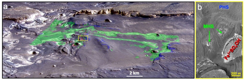 Εικόνα 3. Απόψεις της περιοχής Aram Chaos. α) Εικόνα από τη Στερεοσκοπική Κάμερα Υψηλής Ανάλυσης (HRSC) του Mars Express με μονάδες σύστασης από το CRISM, που σημειώνουν τα πολυένυδρα θειικά άλατα (PHS) με μπλε, τα μονοένυδρα θειικά άλατα (MHS) με πράσινο και τον υδροξυθειικό τρισθενή σίδηρο με κόκκινο (ο Βορράς είναι προς τα δεξιά). β) Άποψη από το HiRISE της περιοχής στο κίτρινο πλαίσιο, όπου και οι τρεις τύποι θειικών αλάτων βρίσκονται σε κοντινή απόσταση (ο Βορράς είναι προς τα πάνω). Πηγή: SETI Institute 