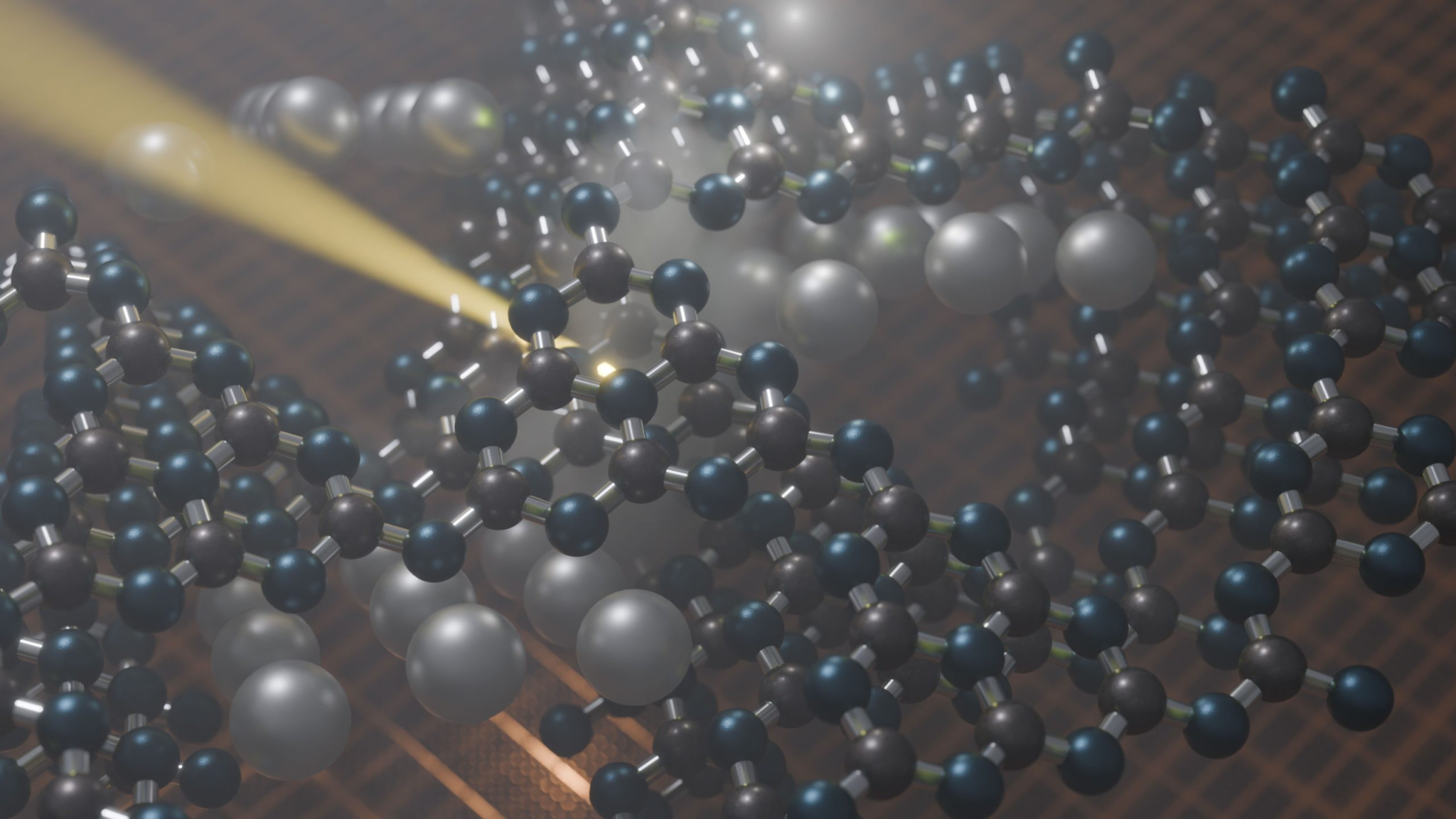 Τρία στρώματα ενός πολυμερούς δικτύου ιμιδίου πολυεπταζίνης, εμπλουτισμένου με ιόντα αργύρου. Σε αυτό το παράδειγμα, τα μεταλλικά ιόντα βρίσκονται ανάμεσα στα στρώματα, προκαλώντας διαστολή του πλέγματος και δομική παραμόρφωση. Ωστόσο, ο πολυμερικός σκελετός παραμένει ανέπαφος. Μόνο η γεωμετρία των πόρων αλλάζει. Πηγή: B. Schröder/HZDR