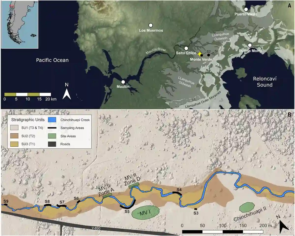 (Α) Τοποθεσία του αρχαιολογικού χώρου Μόντε Βέρντε (κίτρινο αστέρι) στην Περιοχή των Λιμνών της νότιας Χιλής, σε σχέση με τις τερματικές μοραίνες (λιθώνες) της τελευταίας παγετωνικής περιόδου (ανοιχτό γκρι) και τις πεδιάδες απόθεσης (σκούρο γκρι) που διαβαθμίζονται προς αυτές. Οι θέσεις της τομής 1 (S1) και της τομής 2 (S2) υποδεικνύονται με μαύρες κουκκίδες. Οι λευκές κουκκίδες υποδεικνύουν κοντινές πόλεις. (Β) Γεωλογικός χάρτης της περιοχής του Μόντε Βέρντε που δείχνει τις κύριες γεωμορφολογικές ενότητες και τις περιοχές του χώρου από τους αρχικούς ερευνητές στην κοιλάδα Chinchihuapi. Ο βασικός χάρτης είναι ένα ψηφιακό μοντέλο υψομέτρου που δημιουργήθηκε από φωτογραμμετρία μέσω drone. Πηγή: T. A. Surovell et al. 2026