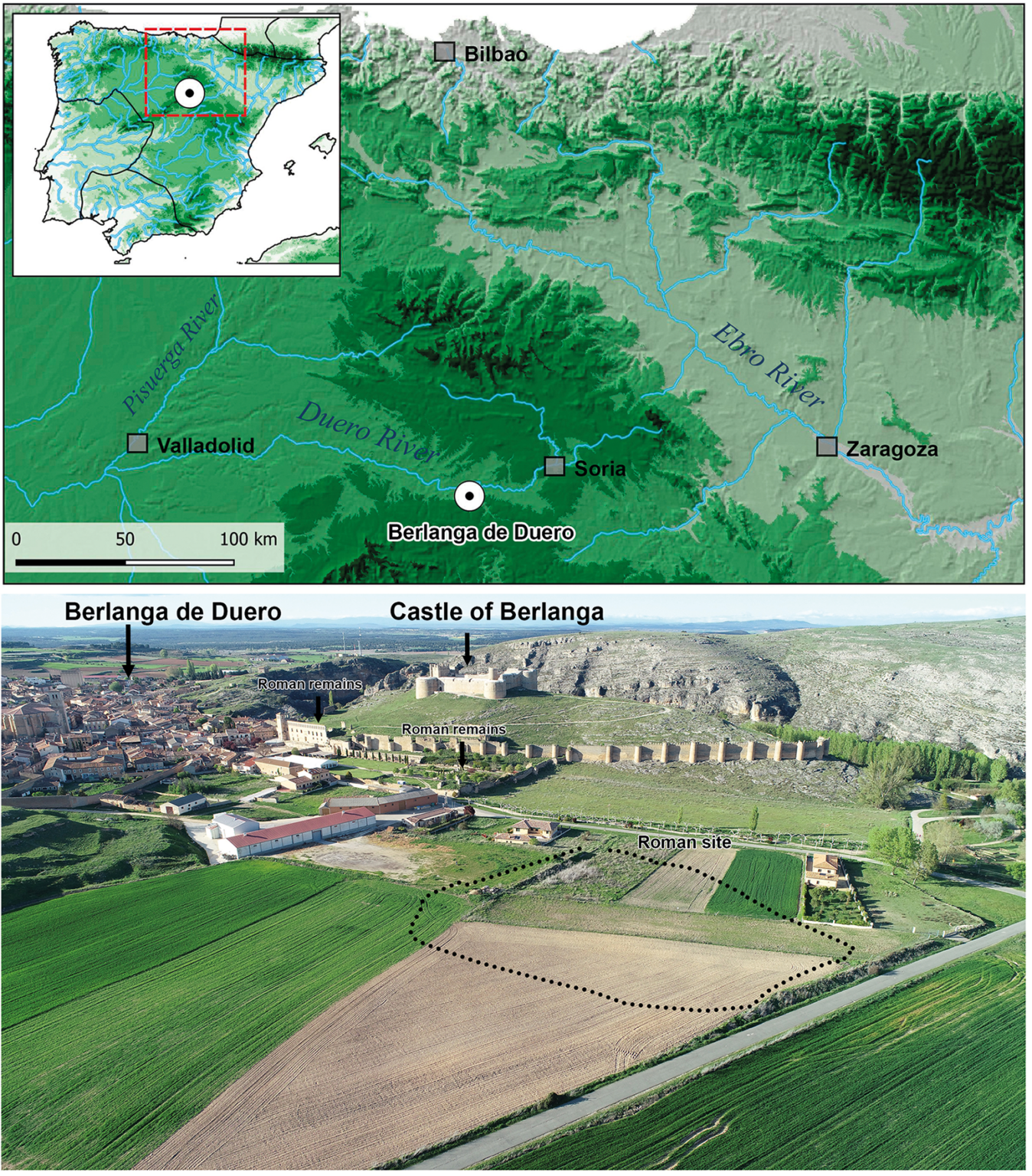 Τοποθεσία της Berlanga de Duero (Soria) στην Ιβηρική Χερσόνησο και αεροφωτογραφία της θέσης La Cerrada de Arroyo, όπου βρέθηκε το "Κύπελλο Berlanga", με την πόλη της Berlanga στο βάθος. (Roberto De Pablo, Susana De Luis, Jesús García). Πηγή: De Pablo Martínez κ.ά. 2026, Britannia 