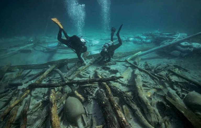 Άποψη της ανασκαφής στην περιοχή της πλώρης του ναυαγίου Ilovik-Paržine 1. Σε πρώτο πλάνο διακρίνεται το φορτίο από κορμούς ξύλου και αμφορείς. Αρχαιολόγοι εργάζονται κοντά στη δομή του συμπλέγματος της πλώρης. Πηγή: Adriboats / L. Damelet, CNRS, CCJ