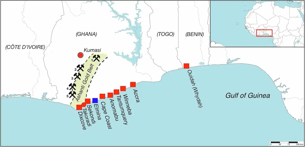 Χάρτης της νότιας Γκάνας. Η χρυσοφόρος ζώνη Ασάντι επισημαίνεται με καφέ χρώμα και σημειώνονται τα κυριότερα ορυχεία: 1 = Κονόνγκο, 2 = Ομπουάσι, 3 = Μαμπόν, 4 = Μπογκόσου, 5 = Πρεστέα. Τα κύρια βρετανικά οχυρά των αρχών του δέκατου όγδοου αιώνα, τα οποία ενδέχεται να είχε επισκεφθεί το πλοίο Whydah Gally, επισημαίνονται με κόκκινο χρώμα. Η Ελμίνα, το ολλανδικό αρχηγείο στη Δυτική Αφρική, επισημαίνεται με μπλε χρώμα. Πηγή: T.B. Skowronek et al. 2026
