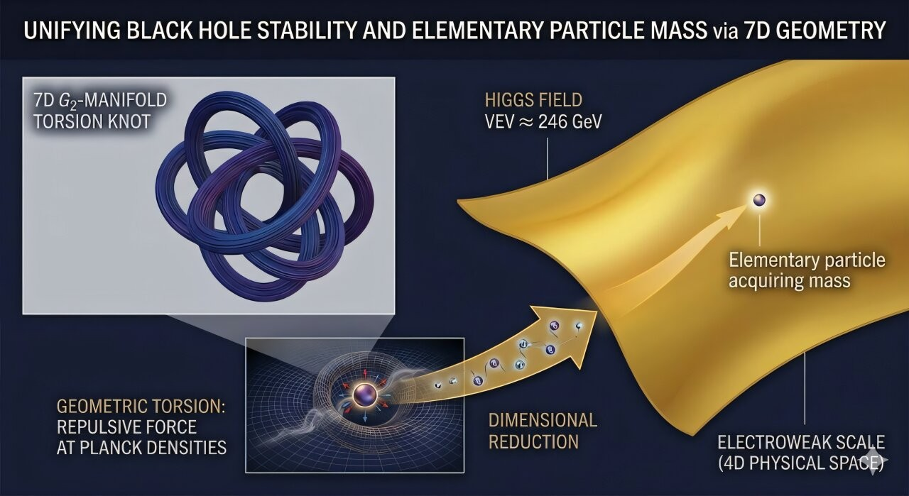 Ενοποίηση της σταθερότητας των μαύρων τρυπών και της μάζας των στοιχειωδών σωματιδίων μέσω της 7D γεωμετρίας.Σχηματική απεικόνιση του πλαισίου που παρουσιάζεται στην 7-διάστατη θεωρία Einstein-Cartan σε μια πολλαπλότητα G2 με στρέψη. Το αριστερό τμήμα δείχνει τον κόμβο στρέψης της 7D πολλαπλότητας G2. Η γεωμετρική στρέψη δημιουργεί μια απωστική δύναμη σε πυκνότητες Planck (κεντρικό ένθετο), σταθεροποιώντας ένα υπόλειμμα μαύρης τρύπας. Μέσω της διάστατης μείωσης (dimensional reduction), η αναμενόμενη τιμή κενού της στρέψης ταυτίζεται με την ηλεκτρασθενή κλίμακα (≈246 GeV), παρέχοντας φυσιολογικά την αναμενόμενη τιμή κενού (VEV) του πεδίου Higgs και επιτρέποντας στα στοιχειώδη σωματίδια να αποκτήσουν μάζα στον 4D χωροχρόνο. Πηγή: Ινστιτούτο Πειραματικής Φυσικής της Σλοβακικής Ακαδημίας Επιστημών