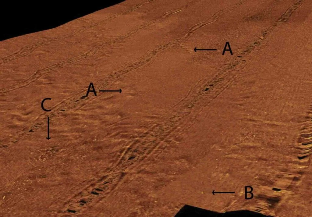 Επάνω: Ακουστικές εικόνες του πυθμένα της Λίμνης Χιούρον που αποκαλύπτουν μια κοίτη ποταμού της περιόδου της Λίμνης Στάνλεϊ, μαζί με πιθανές κυνηγετικές δομές και τοποθεσίες καταυλισμών. Πηγή εικόνας: O’Shea, Meadows/PNAS/https://www.pnas.org/doi/full/10.1073/pnas.0902785106