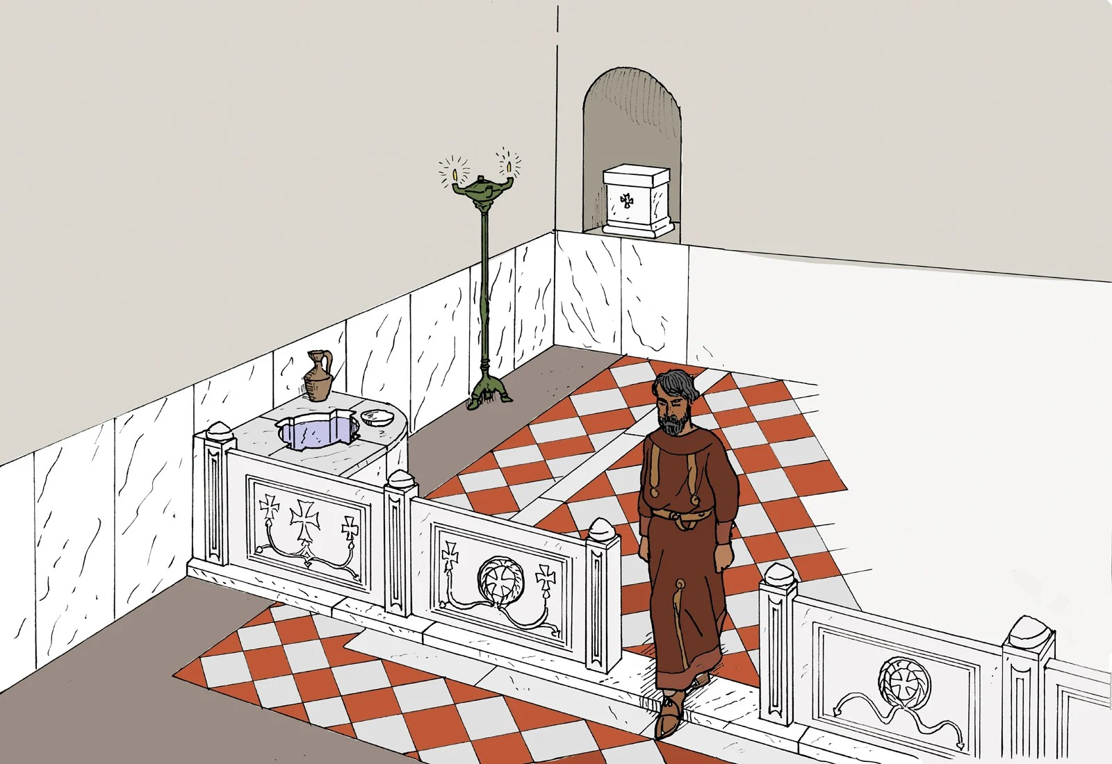 Προτεινόμενη αναπαράσταση του φωτιστηρίου (κυριολεκτικά η «Αίθουσα του Φωτός») με την κολυμβήθρα στη γωνία του, επενδυμένη με διακοσμημένες μαρμάρινες πλάκες και ένθετο μαρμάρινο δάπεδο στη νότια αίθουσα του καθεδρικού ναού στην Ίππο, ανατολικά της Θάλασσας της Γαλιλαίας, σε μια ανακάλυψη που ανακοινώθηκε τον Μάρτιο του 2026. Φωτογραφία: Ιωάννης Νάκας και Michael Eisenberg Πανεπιστήμιο της Χάιφα 