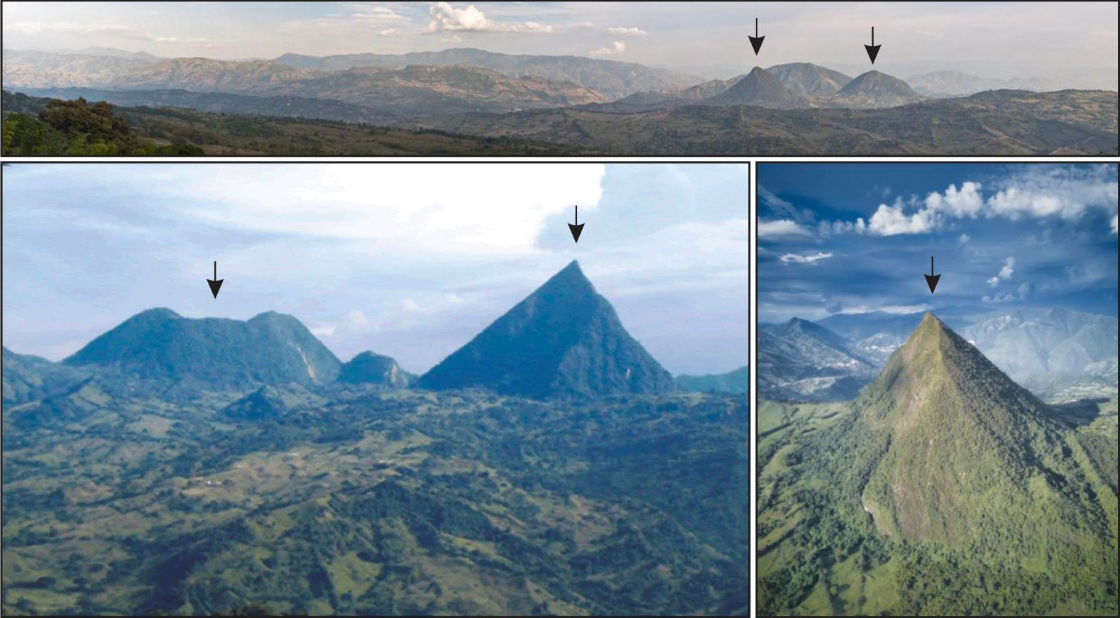 Οι γεωμορφές που υποδεικνύονται με βέλη αντιστοιχούν σε παλαιά μαγματικά διεισδυτικά πετρώματα, που ενδέχεται να ήταν αρχαία ηφαίστεια στις βόρειες Άνδεις πριν από περίπου 10-20 εκατομμύρια χρόνια. Πηγή: Beijing Zhongke Journal Publishing Co. Ltd.  