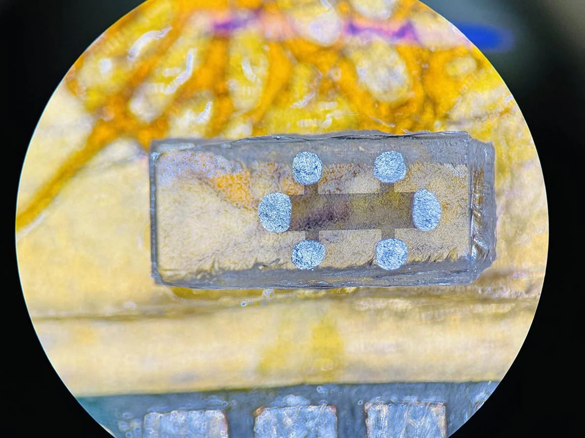 Ένα δείγμα λεπτού υμενίου της χημικής ένωσης τελλουριδίου του σιδήρου (FeTe) —η σκοτεινή περιοχή στο διαφανές υπόστρωμα στο κέντρο της εικόνας— που δημιουργήθηκε με τη χρήση επιταξίας μοριακής δέσμης. Ενώ θεωρούνταν για καιρό ένα συνηθισμένο μαγνητικό μέταλλο, οι ερευνητές έδειξαν τώρα ότι η έκθεση του λεπτού υμενίου FeTe σε ατμούς τελλουρίου απομακρύνει τη διαταραχή που δημιουργείται από τα πλεονάζοντα άτομα σιδήρου που παγιδεύονται στην κρυσταλλική δομή του υλικού, αποκαλύπτοντας ότι το FeTe είναι υπεραγωγός. Πηγή: Chang Laboratory/Penn State 