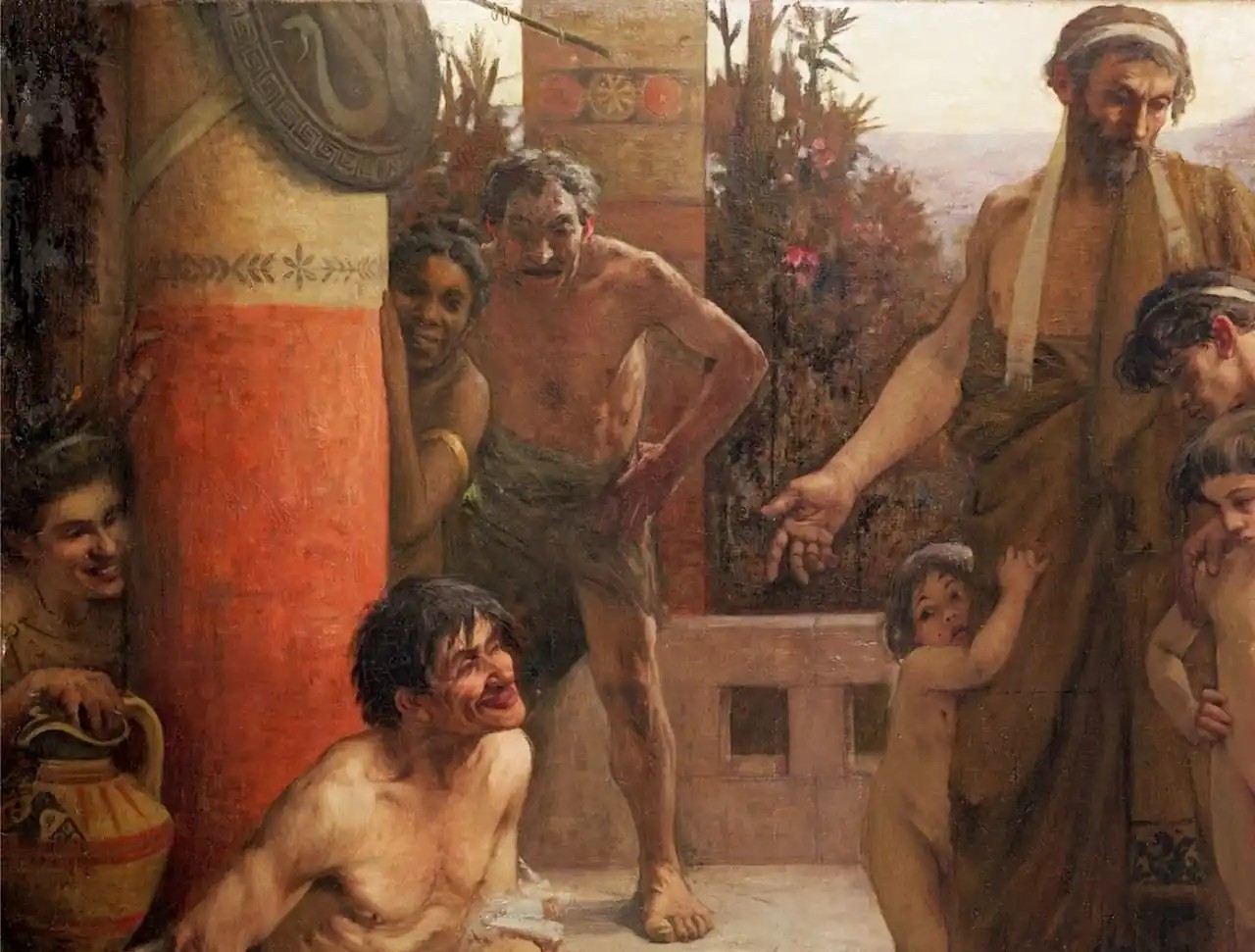 Σπαρτιάτης δείχνει στα παιδιά του έναν μεθυσμένο είλωτα, πίνακας του Φερνάν Σαμπατέ. Πηγή: Κοινό κτήμα / Wikimedia Commons