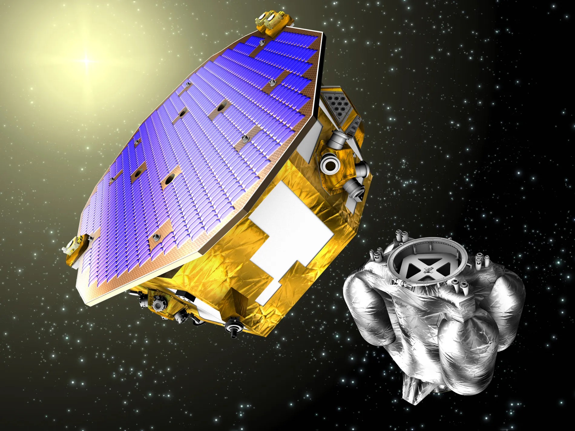 Καλλιτεχνική απεικόνιση του LISA Pathfinder της ESA και της μονάδας πρόωσής του μετά τον διαχωρισμό.Πηγή: ESA