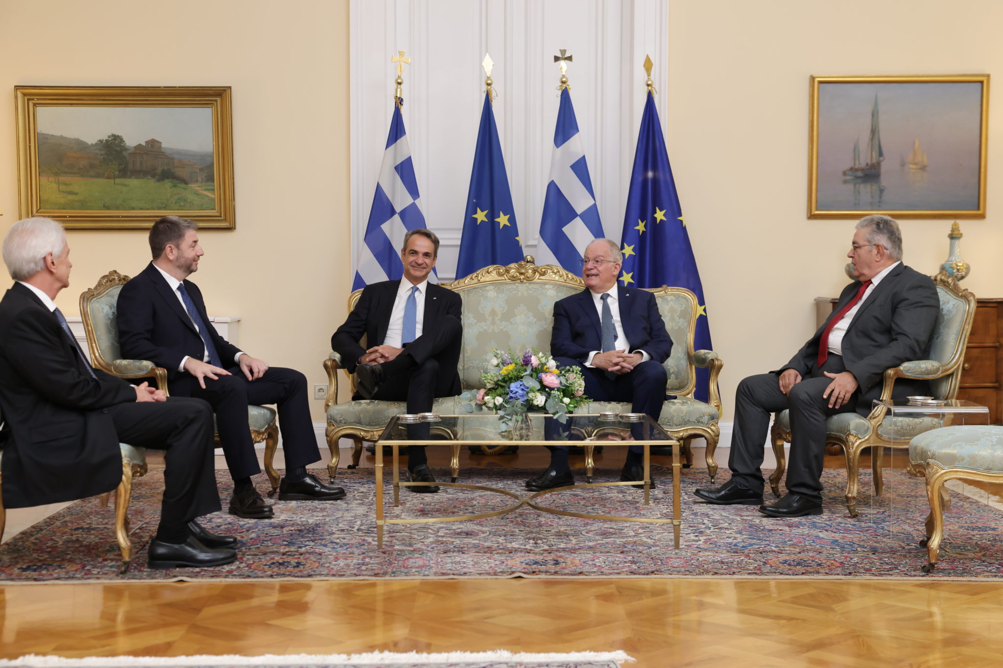 Ο Κώστας Τασούλας, ο Κυριάκος Μητσοτάκης, Ο Νίκος Ανδρουλάκης, ο Δημήτρης Κουτσούμπας και ο Βαστίλης Βιλιάρδος