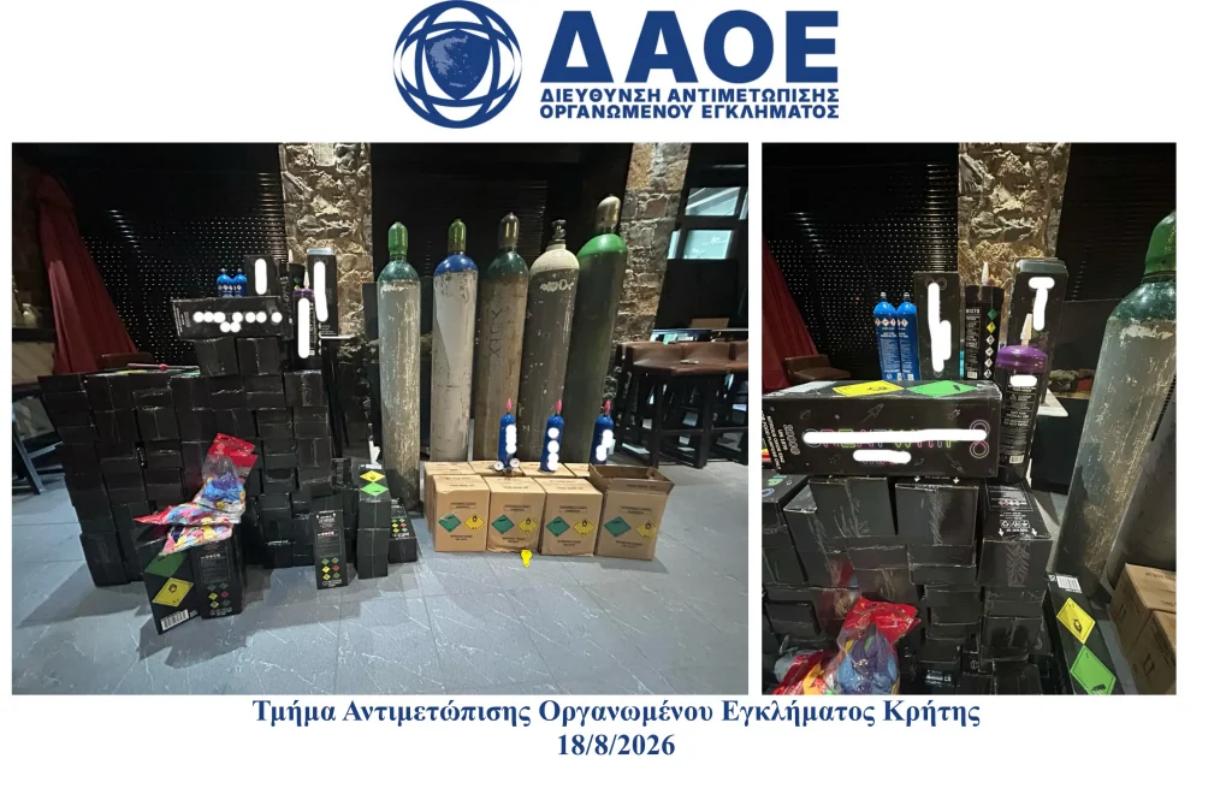 Ηράκλειο: Εντοπίστηκαν 130 φιάλες «αέριου γέλιου» και 1.000 λίτρα παράνομου αλκοόλ – Μία σύλληψη – BINTEO