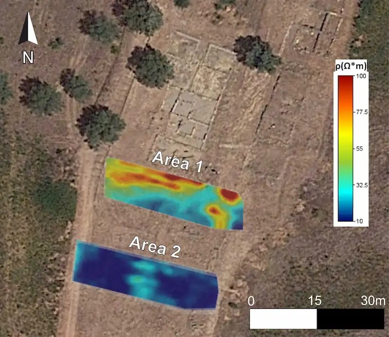 Τομή βάθους (1,6 μ.) των τρισδιάστατων (3D) μοντέλων ηλεκτρικής ειδικής αντίστασης, υπερτεθέμενη στην περιοχή της έρευνας. Πηγή: Πανεπιστήμιο της Κατάνια 