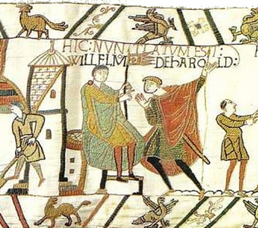 Η Ταπισερί του Μπαγιέ (Bayeux Tapestry): Ο Γουλιέλμος ο Κατακτητής κρατά ένα παπικό λάβαρο (gonfalon) με χρυσό σταυρό, δώρο από τον Πάπα Αλέξανδρο Β'. Πηγή: Public Domain