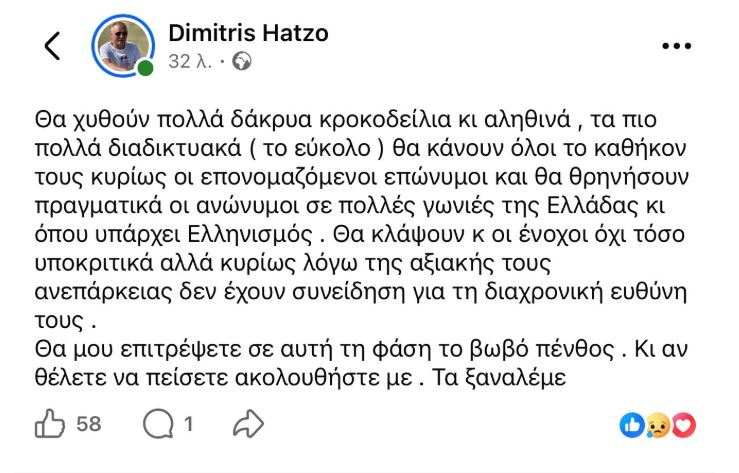 ΔΗΜΗΤΡΗΣ ΧΑΤΖΟΠΟΥΛΟΣ – ΠΡΩΗΝ ΜΑΝΑΤΖΕΡ ΜΑΖΩΝΑΚΗ – ΠΗΓΗ: FACEBOOK