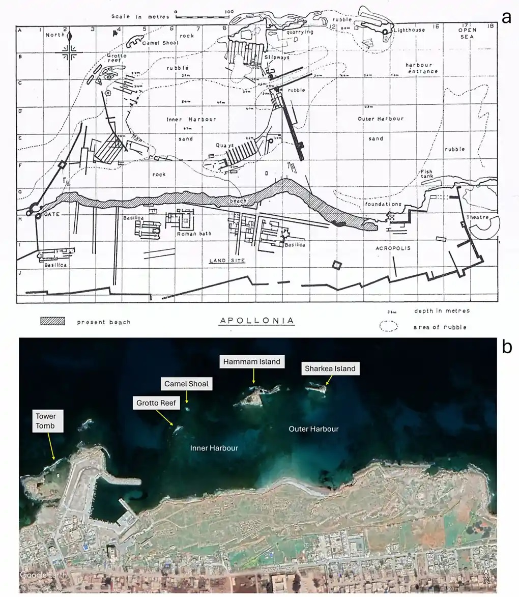 (α) Κάτοψη των ερειπίων της Απολλωνίας, όπως καταγράφηκαν από την ομάδα καταδύσεων του Κέιμπριτζ το 1959 (κατά Flemming 1960· 1965β). Η διαγραμμισμένη περιοχή υποδεικνύει τη σύγχρονη παραλία· τα βυθισμένα ερείπια βρίσκονται προς τα βόρεια και οι μεταγενέστερες χερσαίες κατασκευές προς τα νότια. Απεικονίζονται δύο λιμενικές λεκάνες. Υποδεικνύονται τα σημερινά βάθη του νερού (m με κοντούρες στα 2,0 m και 4,0 m γύρω από το εσωτερικό (δυτικό) λιμάνι. Ο αρχικός βέλος του βορρά είναι στραμμένος κατά περίπου 10° δυτικά του πραγματικού βορρά. Τα νησιά Χαμάμ και Σαρκέα φέρουν τις αντίστοιχες ονομασίες. (β) Δορυφορική εικόνα του 2021 που παρουσιάζει τα κύρια χαρακτηριστικά που περιγράφονται στο παρόν άρθρο. Πηγή: N. Flemming et al. 2026