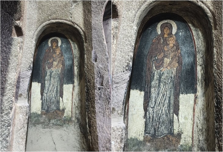 Η τοιχογραφία της Παναγίας στο Μοναστήρι του Γκιουμούσλερ αποτελεί ένα καλοδιατηρημένο δείγμα βυζαντινής εικονογραφίας. Απεικονιζόμενη ως Θεοτόκος, η Μαρία κρατά το Θείο Βρέφος σε μια σύνθεση που αντανακλά την εκλεπτυσμένη θρησκευτική τέχνη της μεσαιωνικής Καππαδοκίας. Πηγή: Kezban Özcan – Rehbername