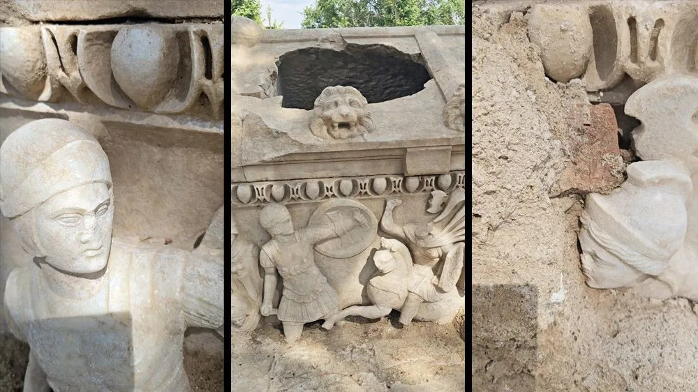 Κοντινά πλάνα της σαρκοφάγου της Αμαζόνας αποκαλύπτουν σκαλιστές φιγούρες πολεμιστών, ασπίδες και ένα διακοσμητικό με κεφαλή λιονταριού πάνω από τη σκηνή της μάχης. Πηγή: Αναπλ. Καθηγητής Δρ. Ντεβρίμ Αλκάγια / Denizli Güneş