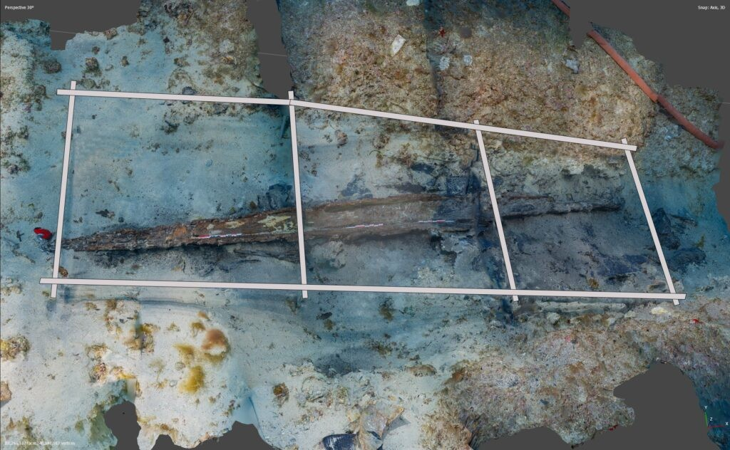 Τρισδιάστατη (3D) τεκμηρίωση των ξύλινων υπολειμμάτων του κύτους του ελληνιστικού ναυαγίου ηλικίας 2.300 ετών στον κόλπο Gnjilna της Κροατίας. Περίπου έξι μέτρα από τη δομή του πλοίου έχουν διασωθεί. Φωτογραφία: Κροατικό Ινστιτούτο Συντήρησης (HRZ)