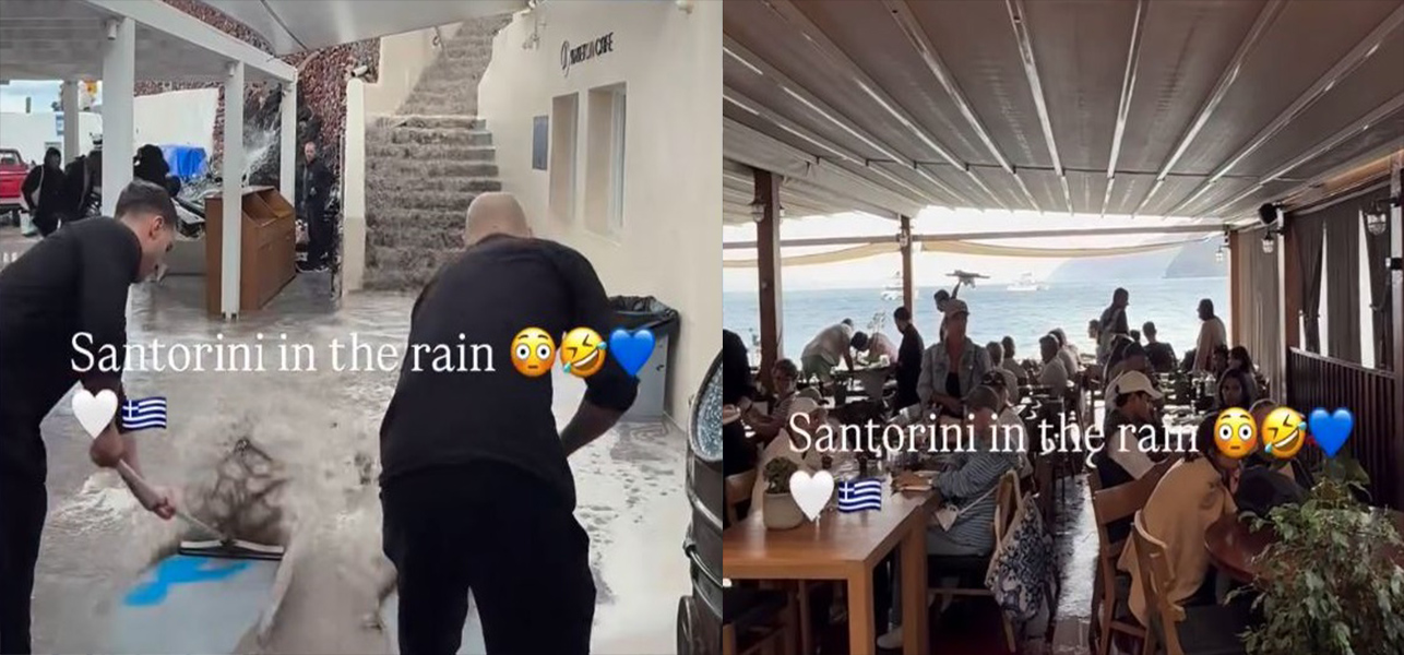 Θύελλα με βίντεο στη Σαντορίνη: Εργαζόμενοι σε εστιατόριο παλεύουν με τα νερά της βροχής, ενώ οι πελάτες τρώνε το φαγητό τους
